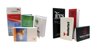 A range of custom tally book covers, including full color entrapment and silk screen designs for Pioneer, ETS, Weatherford and Wild Well Control